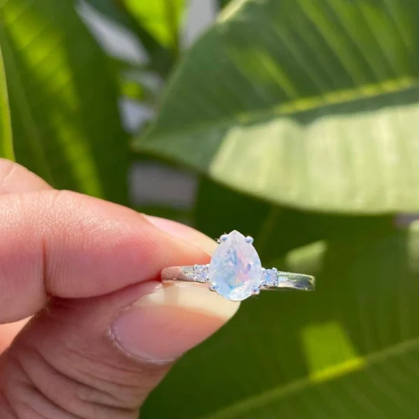 925 Silver Pear Rainbow Moonstone Ring