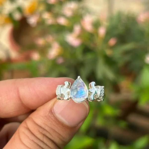 925 Silver Pear Rainbow Moonstone Ring