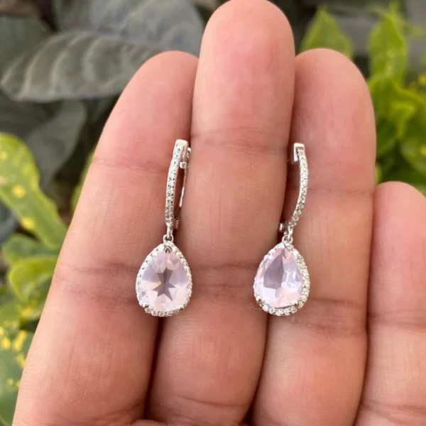 925 Silver Pear Rose Quartz Earrings