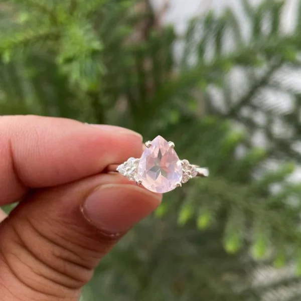925 Silver Pear Rose Quartz Ring