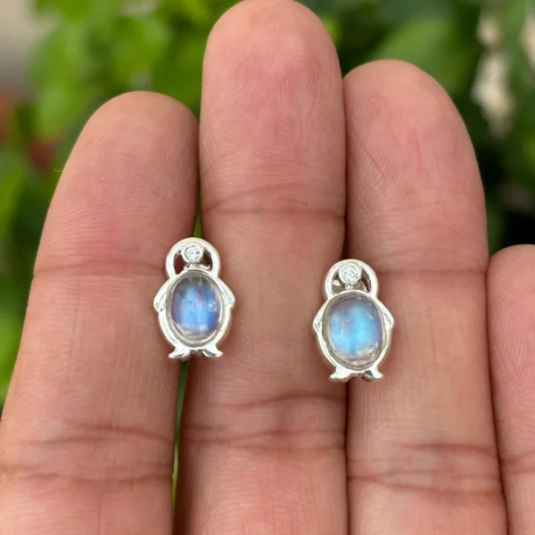 925 Silver Penguin Moonstone Stud Earrings