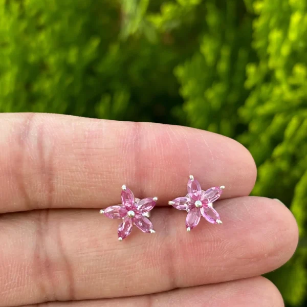925 Silver Pink Sapphire Floral Stud Earrings