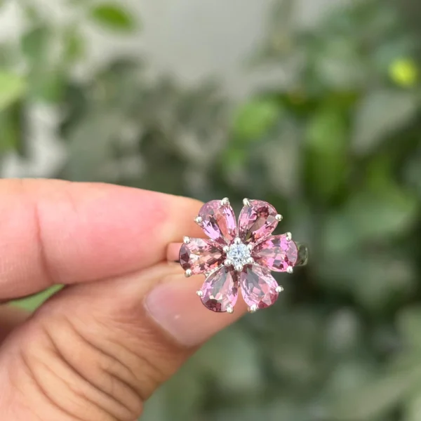 925 Silver Pink Tourmaline Floral Ring