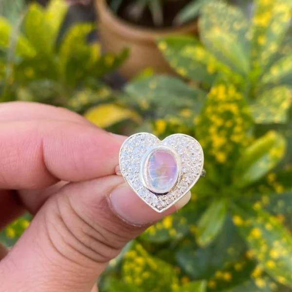 925 Silver Rainbow Moonstone Heart Ring