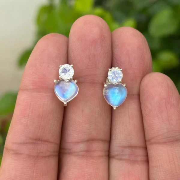 925 Silver Rainbow Moonstone Heart Stud Earrings
