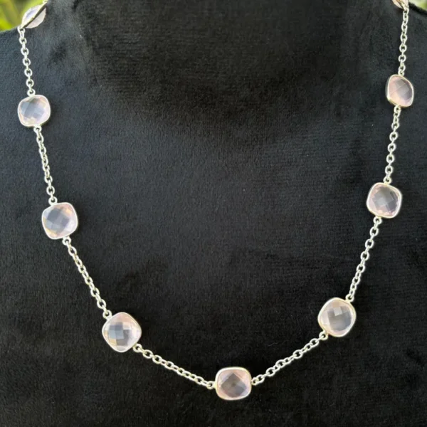 925 Silver Rose Quartz Bezel Connector Chain