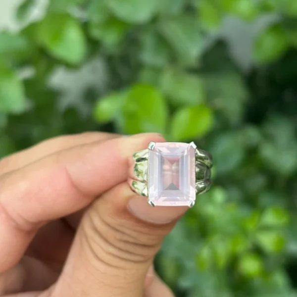 925 Silver Rose Quartz Emerald Cut Ring