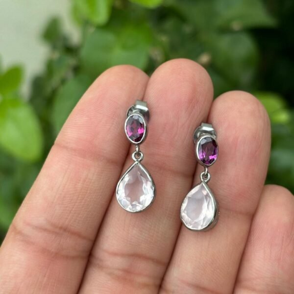 925 Silver Rose Quartz & Garnet Drop Earrings