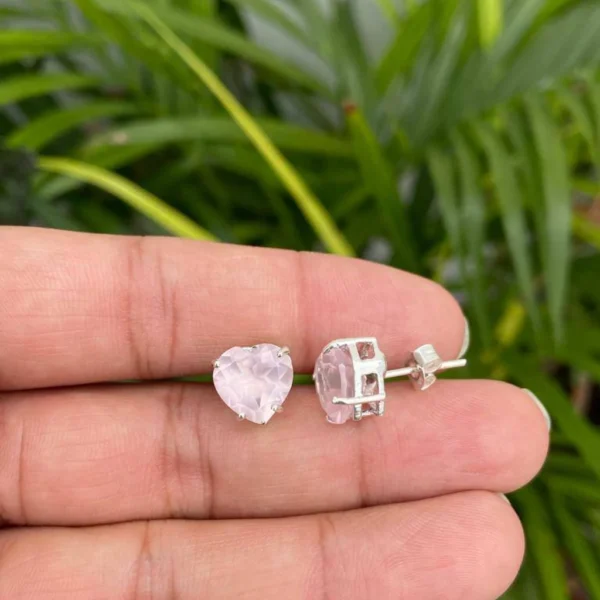 925 Silver Rose Quartz Heart Stud Earrings