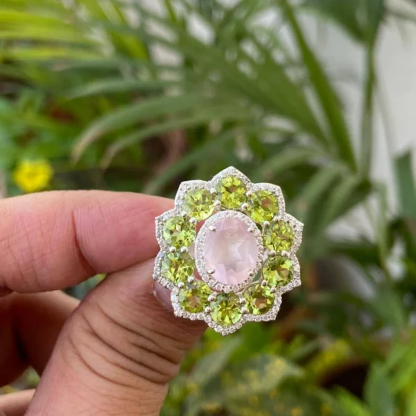 925 Silver Rose Quartz & Peridot Cocktail Ring
