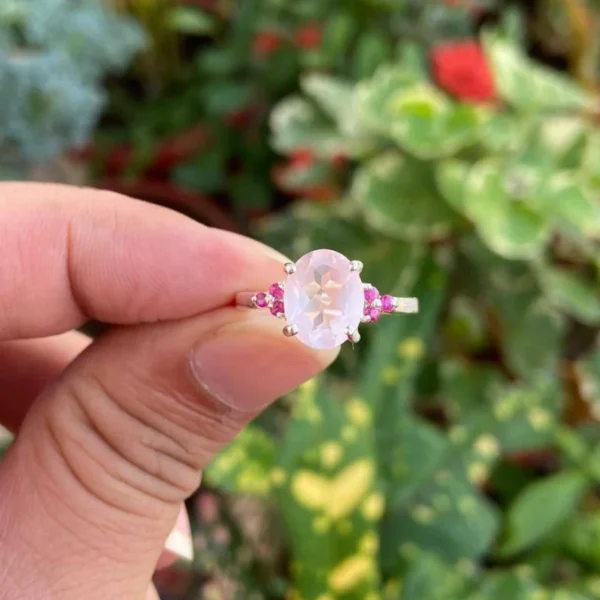 925 Silver Rose Quartz & Ruby Ring