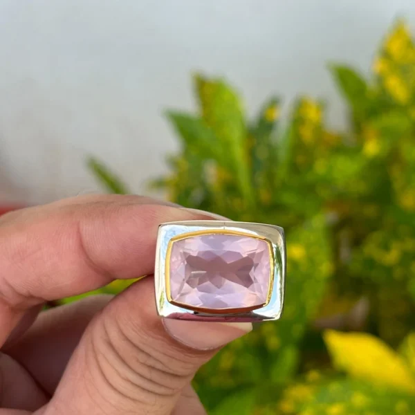 925 Silver Rose Quartz Two Tone Ring