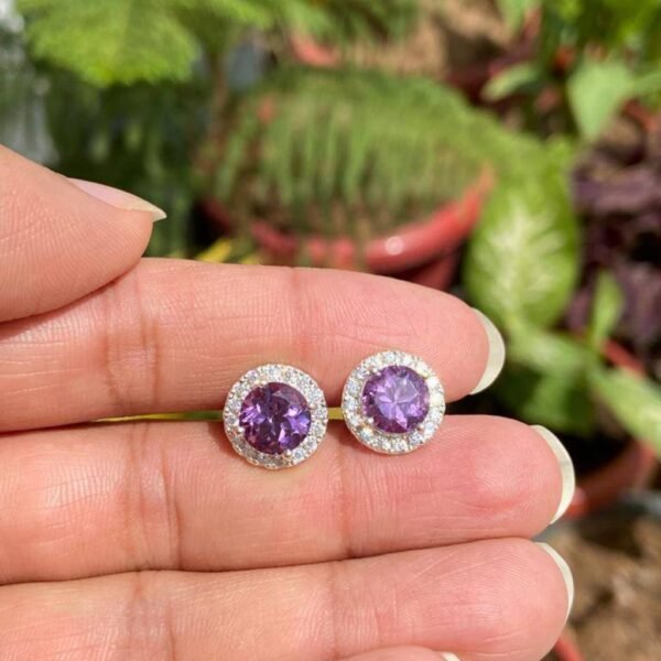 925 Silver Round Amethyst Stud Earrings