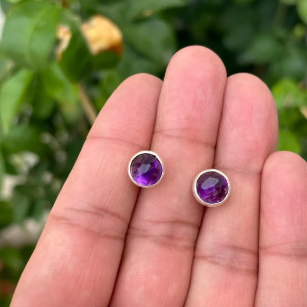 925 Silver Round Amethyst Stud Earrings