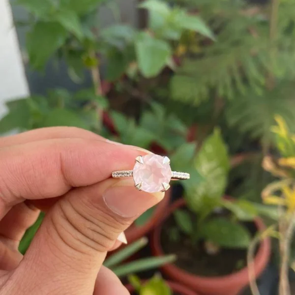 925 Silver Round Rose Quartz Ring