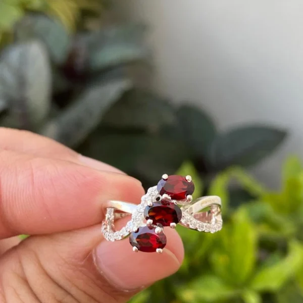 925 Silver Three Stone Oval Garnet Ring
